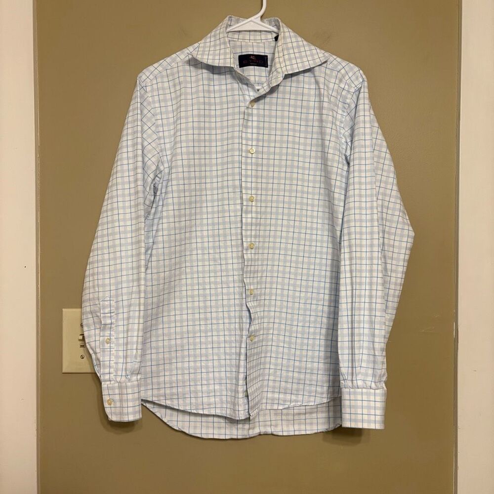 Etro Milano Men Light Blue and White Check Button Down Dress Shirt Size 39 FLAW